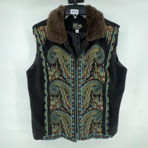 Bob Mackie Vest Womens Large Black Fleece Paisley Embroidered Faux Fur Boho - Picture 3 of 10